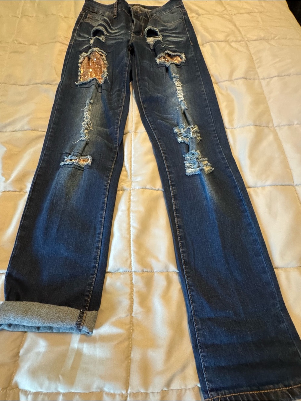 Lucky & Blessed Dark Blue Distressed Flare Jeans with Sequin Patch